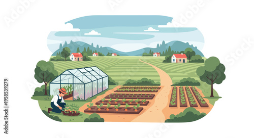 Farmer working in greenhouse and fields, rural landscape, organic farming, sustainable agriculture