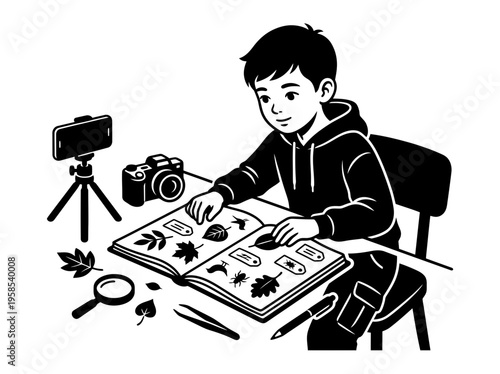 Children coding study session black and white vector