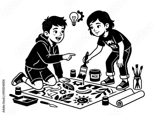 Child virtual science lesson black and white vector