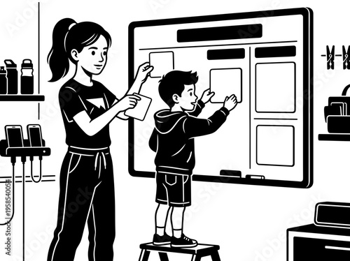 Siblings morning routine chart black and white vector