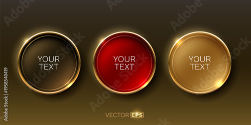 Set of three glossy buttons with golden frame.