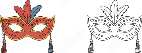 Carnival eye mask illustration & outline set isolated on transparent background