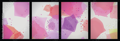 Pink and purple translucent watercolor backgrounds featuring organic shapes and paint splatters, an artistic vector graphic set designed for beauty branding or elegant invitations. 