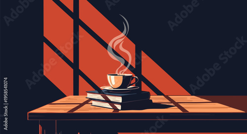 Steaming coffee cup on stacked books with window light and shadows on wooden table vector illustration