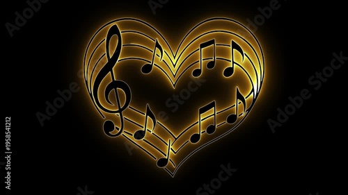 Musical heart glow.  Neon music notes. Golden heart staff. Treble clef heart. Romantic music art. Glowing stave. Music lover sign. Wedding neon glow. Yellow melody icon. Vibrant sound art.