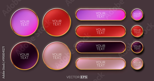 Modern shiny buttons and badges with golden border.