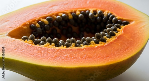 Exotic Papaya Sliced Open, Revealing Vibrant Orange Flesh and Shiny Black Seeds