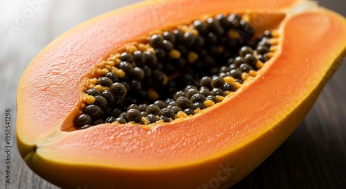Exotic Papaya Sliced Open, Revealing Vibrant Orange Flesh and Shiny Black Seeds