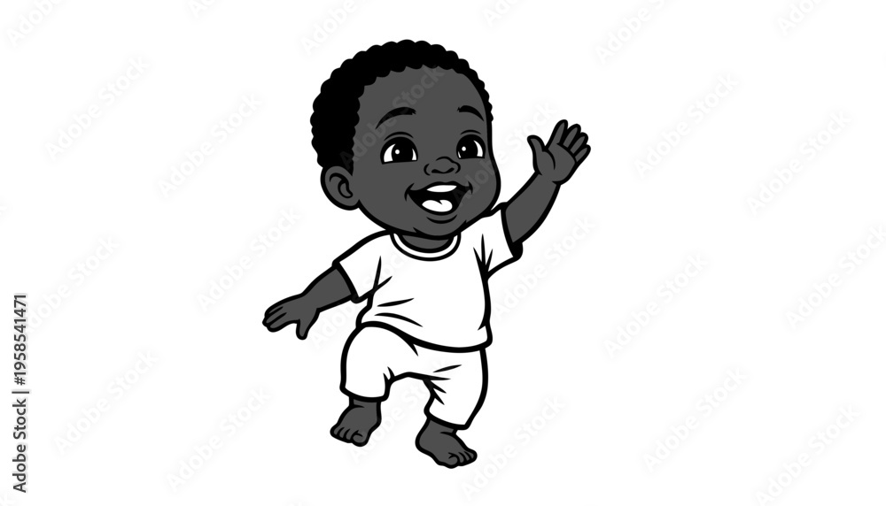 Fototapeta premium A black baby boy cartoon character illustration in a white outfit