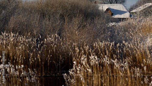 Golden hour at Wadden Sea National Park: Misty winter sunrise over Danish marshland and river 