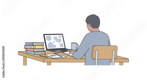 A person works remotely at a desk with books a laptop and coffee depicted in silhouette high quality professional detailed modern