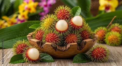 Exotic Rambutan Fruit Artfully Arranged in a Vibrant Tropical Setting
