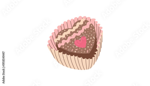 A chocolate cupcake with pink frosting and a heart design on top
