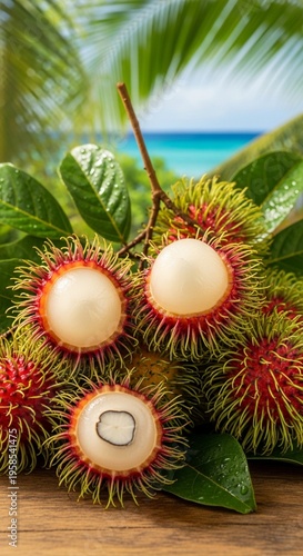 Exotic Rambutan Fruit with Hairy Red Skin in Vibrant Tropical Setting