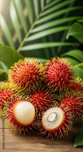 Exotic Rambutan Fruit with Hairy Red Skin in Vibrant Tropical Setting