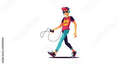 A vibrant illustration depicts a young man walking while listening to music showcasing a bold silhouette high quality professional detailed modern