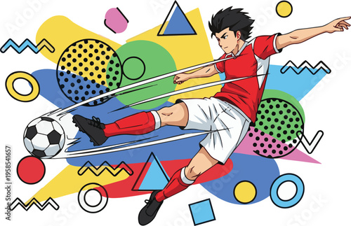 Anime Soccer Player Kicking Ball with Dynamic Motion Lines and Geometric Pop Art Background; Flat Vector Illustration for Sports Action, Youth Football, and Manga Style Design.