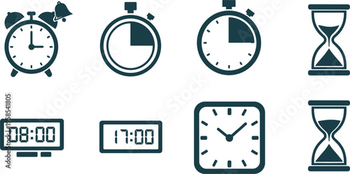 Time and clock vector icon set with alarm, stopwatch, digital display and hourglass symbols isolated on white background.