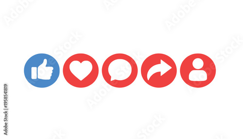 Social media icons for like, love, comment, share, and follow
