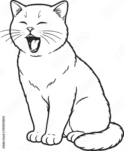 Scottish Straight Cat Yawning Sitting Pose Black and White Line Art Illustration