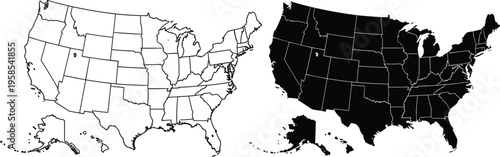 United States map vector illustration set with outline and solid USA country shapes, detailed state boundaries isolated on white background.