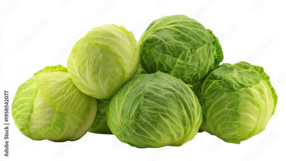 Fototapeta premium Vibrant green cabbages on white background. Artificial intelligence image