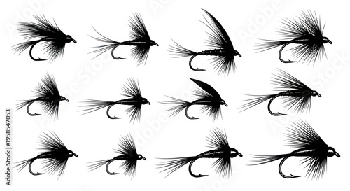 Collection of 12 Black Fishing Lures, Fly Fishing Tackle, Imitation Insects