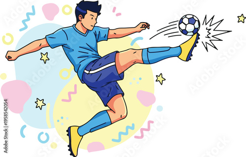 Soccer Player Performing Volley Kick with Dynamic Motion Lines and Abstract Star Background; Flat Vector Illustration for Manga Style Sports Action and Youth Football Design