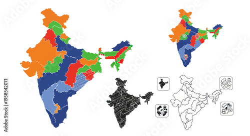 Colorful India Map with State Divisions and Icons