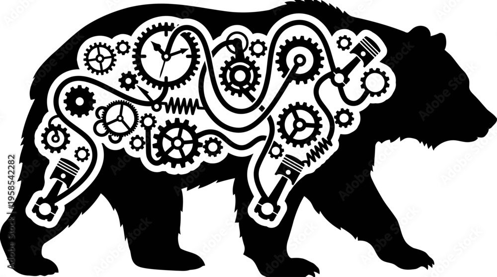 Fototapeta premium Minimalist Grizzly Bear Silhouette with Steampunk Gears, Nature Technology Fusion Monochrome Vector