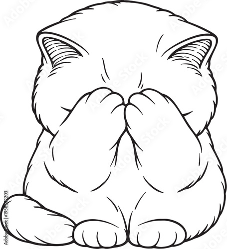 Exotic Shorthair Cat Hiding Face With Paws Line Art Black White Cute Cat Illustration