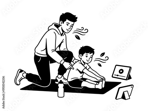 Siblings stretching during home fitness practice