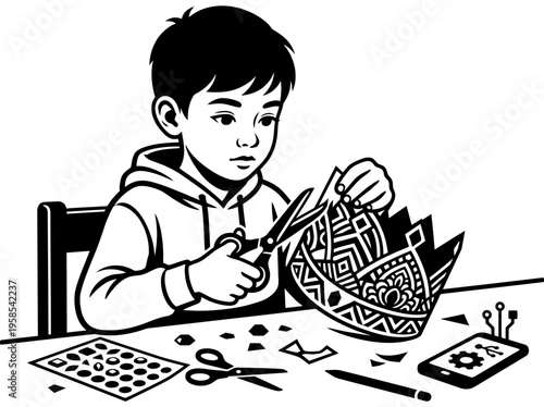 Child making paper craft pattern at classroom desk