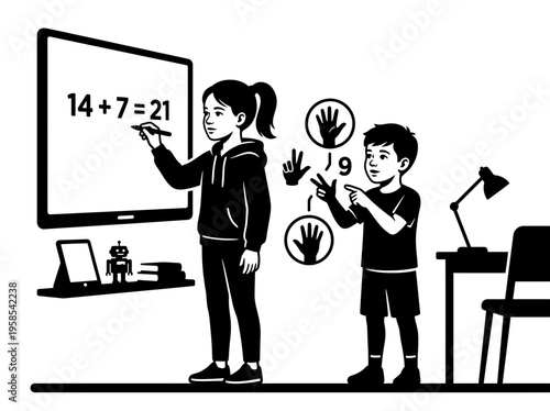 Siblings practicing math with smart classroom board