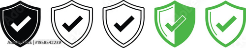 Shield check mark vector icon set with security protection symbols, outline and solid safety badge collection isolated on white background.