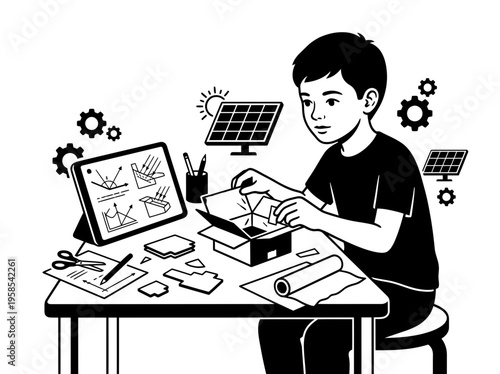Child building solar model at study desk