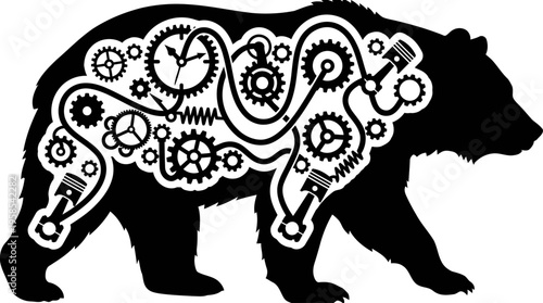 Minimalist Grizzly Bear Silhouette with Steampunk Gears, Nature Technology Fusion Monochrome Vector