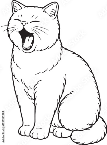British Shorthair cat yawning sitting pose black and white line art isolated