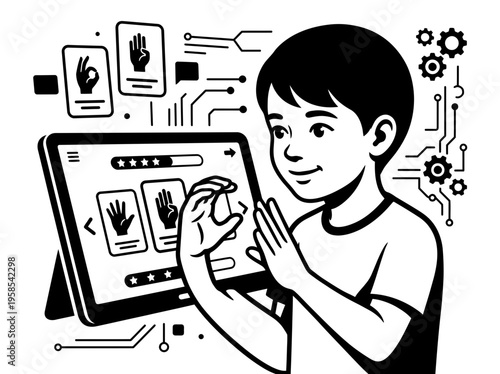 Child learning sign language on digital touchscreen