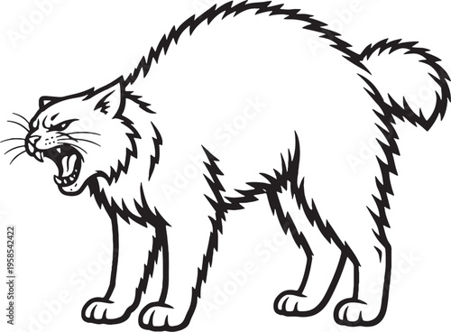 American Bobtail Cat Arching Back Hiss Black and White Line Art