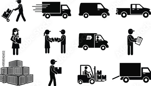 Delivery truck icon set with various logistics and transportation illustrations