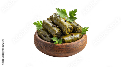 Traditional stuffed grape leaves, known as dolmades, elegantly served in a rustic wooden bowl with parsley and peppercorns.