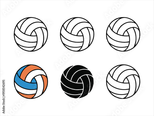 Set of minimal volleyball icons design in simple line art style, Volleyball Ball Set Line Art, Sports Ball Minimal Outline Collection