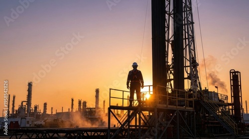 Industrial worker stands silhouetted on a rig platform against a colorful sunset with a vast refinery complex visible