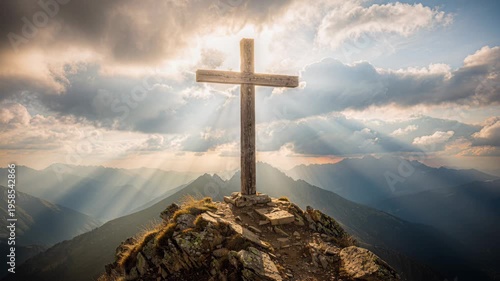 Cross Atop Mountain Peak with God Rays and Dramatic Clouds