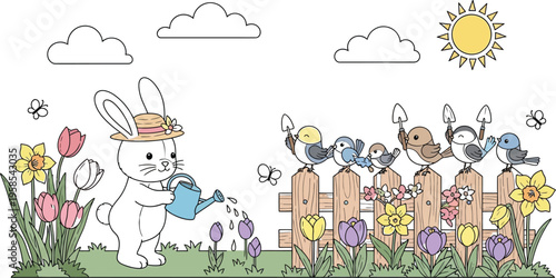 Cute cartoon bunny in a straw hat watering vibrant spring flowers in a colorful garden scene with cheerful birds on a fence.