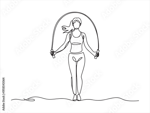 One line drawing woman skipping sport theme. Continuous Line Drawing of Woman Jumping Rope, Minimalist Fitness Illustration