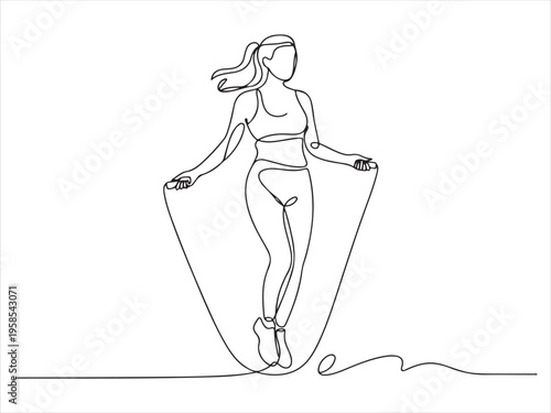 One line drawing woman skipping sport theme. Continuous Line Drawing of Woman Jumping Rope, Minimalist Fitness Illustration