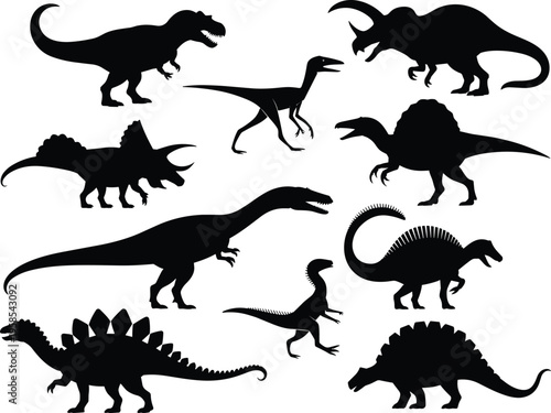 Collection of black dinosaur silhouettes on white background prehistoric ancient
