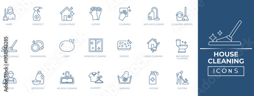 House cleaning line icon collection. Containing sponge, disinfect, vacuum cleaner, mop, washing, broom, soap, maid, laundry, home cleaning,  and more. Perfact outline vector icons collection.